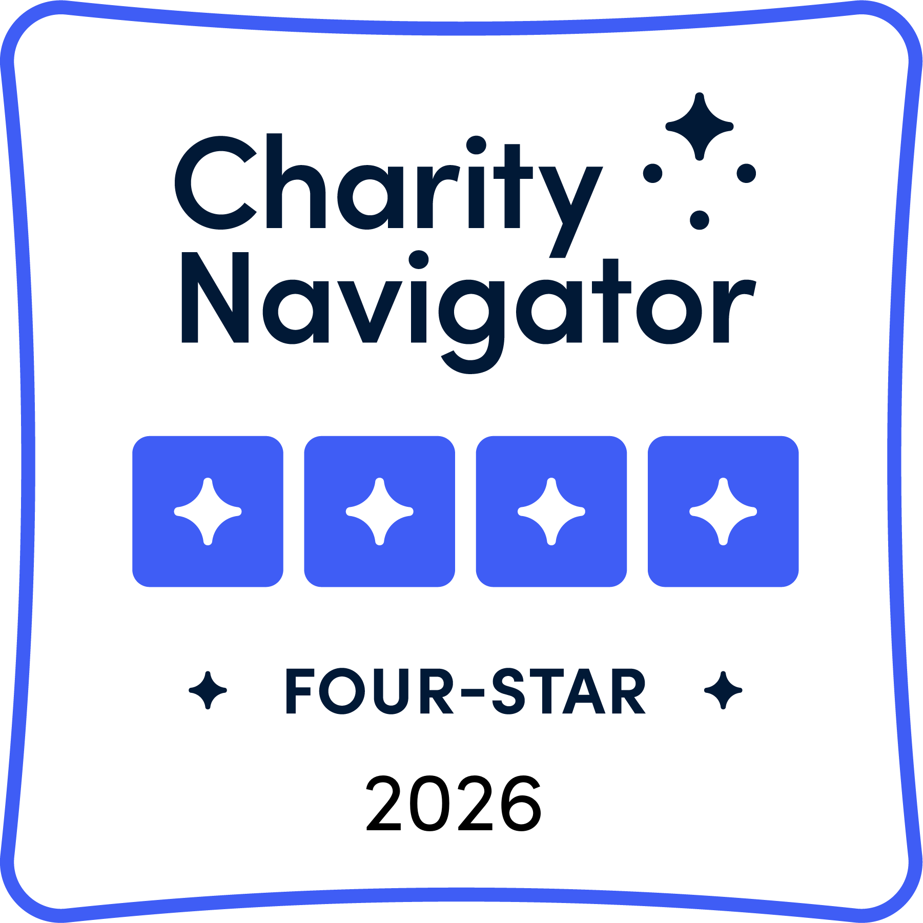 Charity Navigator logo with four blue star icons and the year 2026, on a white card with blue border.