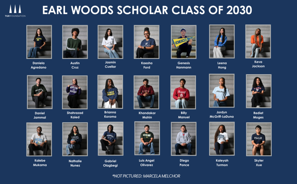 Portrait collage of Earl Woods Scholar Class of 2030 students with each student’s name displayed beneath their photo on a blue background.