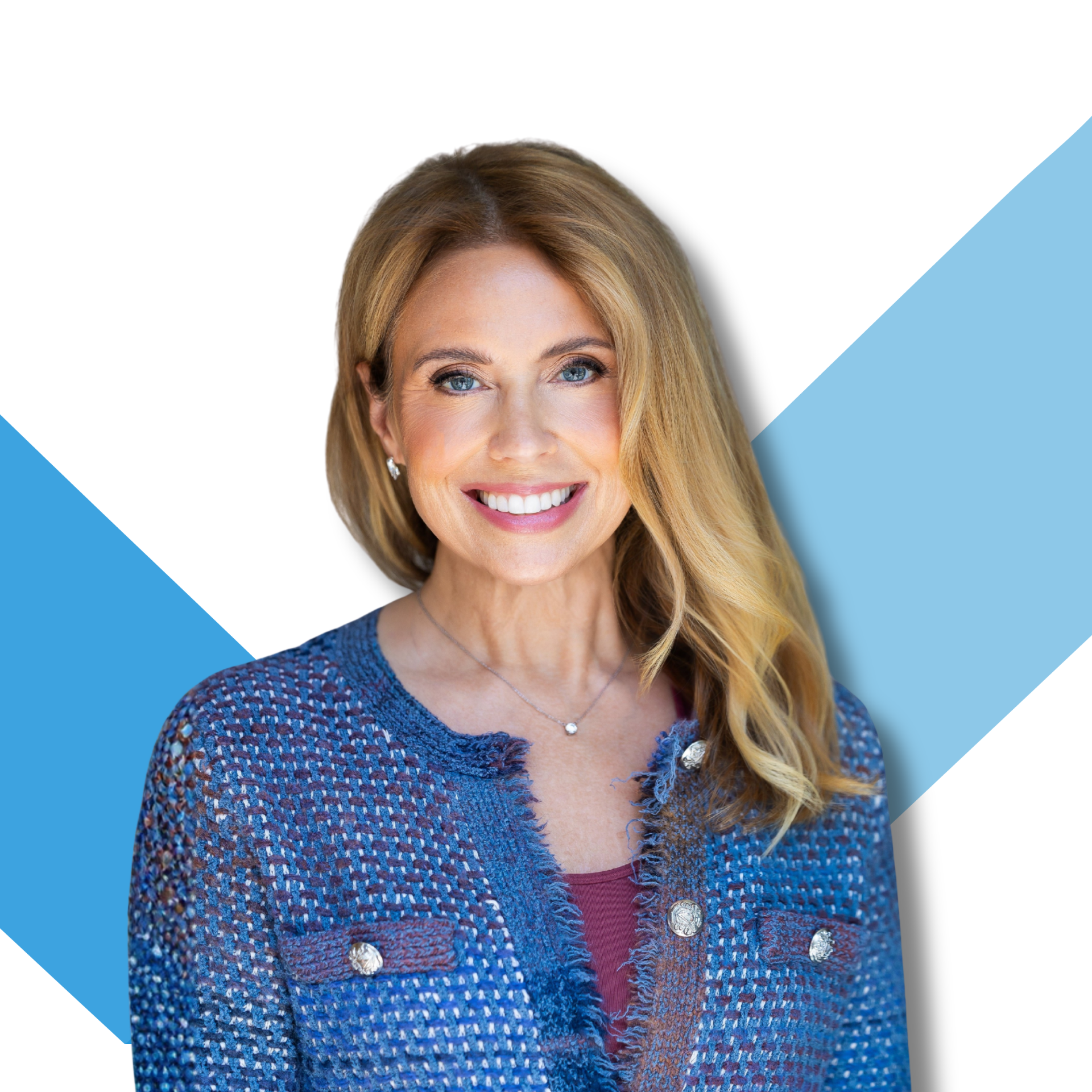 Portrait of a smiling woman with blonde hair, wearing a blue knitted cardigan with metallic buttons, against a white and blue geometric background.