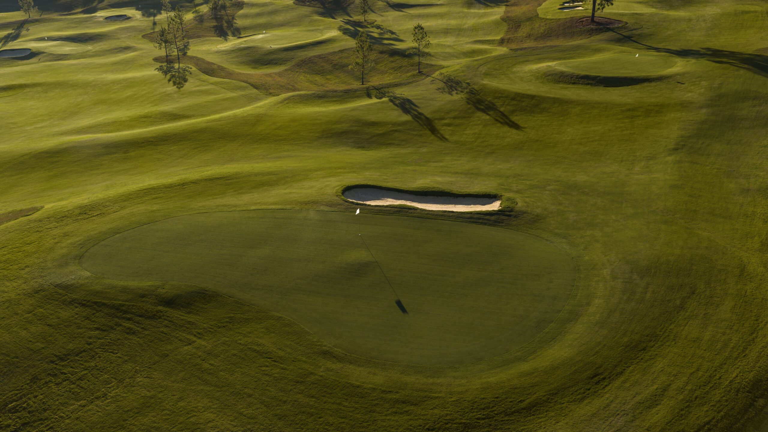 Aerial view of a golf course featuring rolling fairways and a sand bunker near a green.