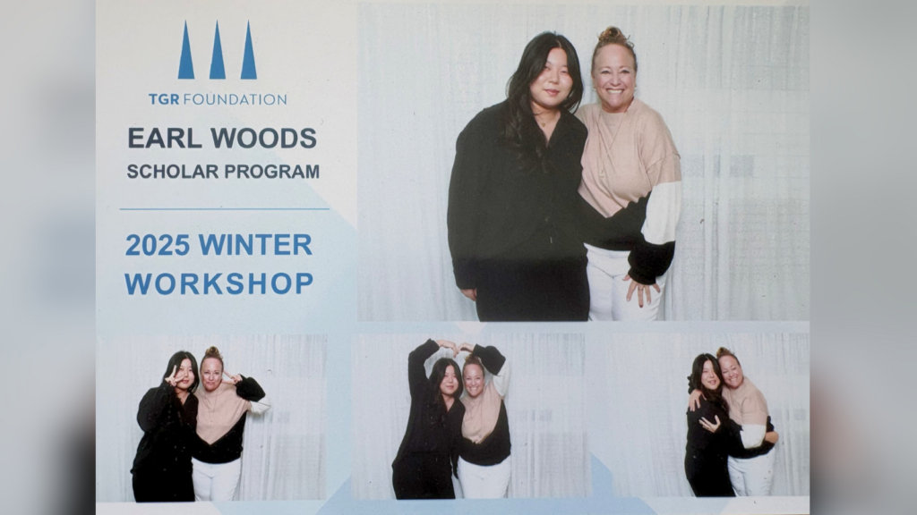 Poster for TGR Foundation Earl Woods Scholar Program 2025 Winter Workshop featuring two women posing together