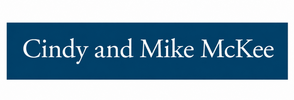 Blue banner with white serif text reading 'Cindy and Mike McKee'