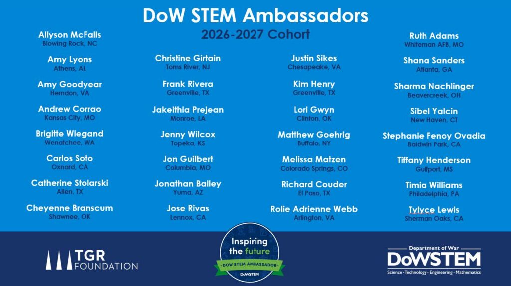 DoW STEM Ambassadors 2026-2027 cohort roster with names and hometowns, displayed in four columns under the title.